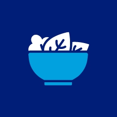 blue bowl with white leaves, salad icon